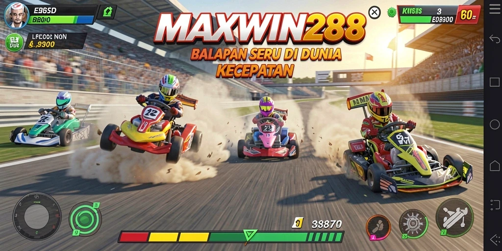 Tampilan gameplay seru dari MAXWIN288 dengan mobil balap yang cepat.